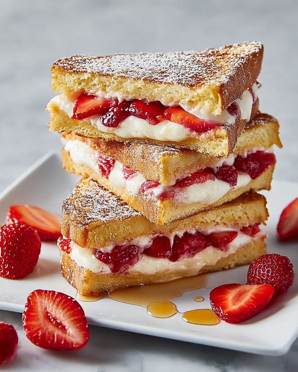A stack of three triangular sandwich pieces sits on a white square plate with a white marbled surface background. Each sandwich has two golden brown, slightly crisp bread slices with a light dusting of powdered sugar on top, enclosing a creamy white filling mixed with vibrant red strawberry slices. The creamy filling oozes slightly between the layers, and fresh sliced strawberries are scattered around the plate with a touch of syrup drizzled near them. Photo taken with an iphone --ar 4:5 --v 7