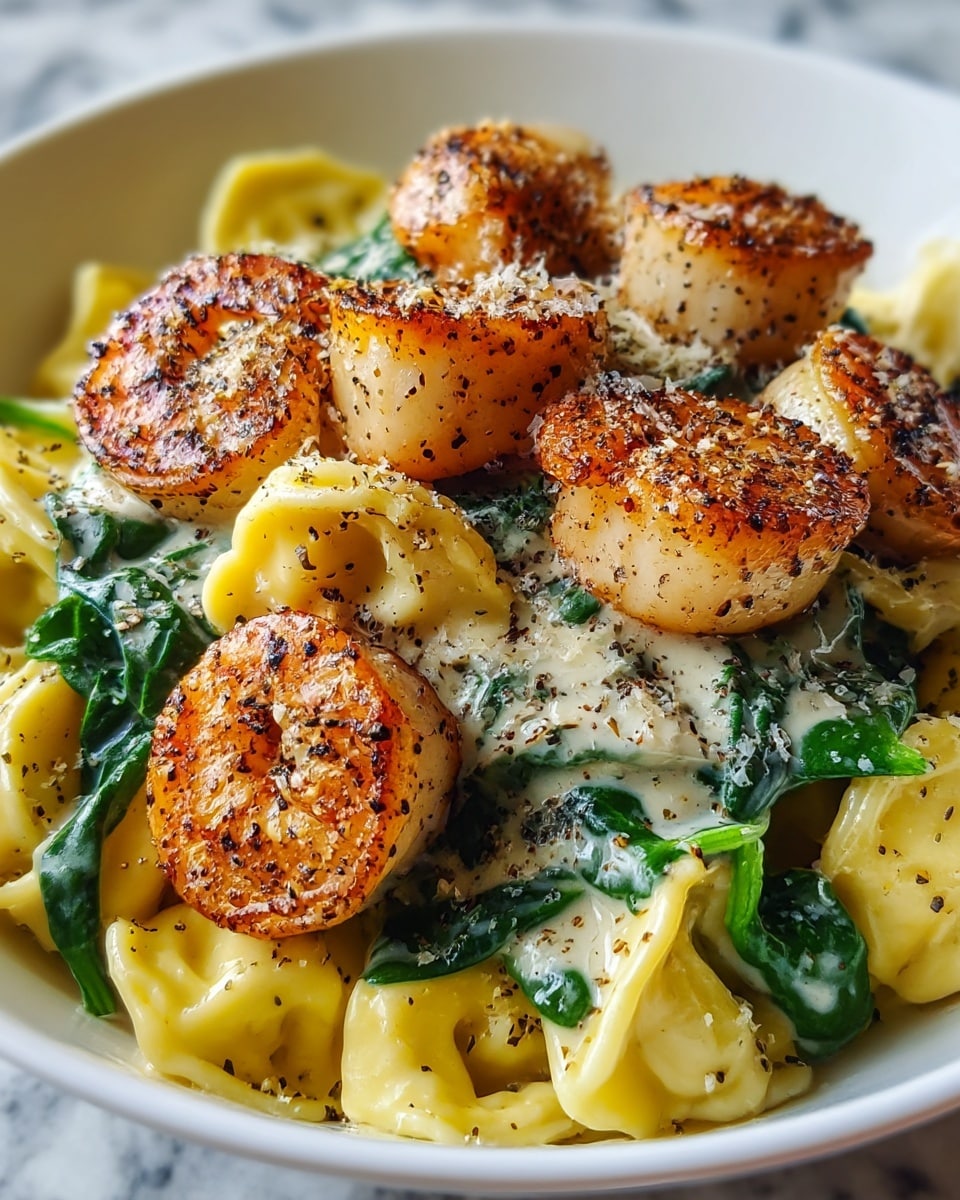 A close-up shot of a white bowl filled with a layered dish starting with a base of creamy yellow tortellini pasta. Mixed into the pasta are bright green spinach leaves coated in a smooth white sauce. On top, there are several pieces of golden brown grilled shrimp and scallops, each with a slightly crispy texture and sprinkled with black pepper and coarse salt. The whole dish has a glossy finish with visible seasoning flakes all over. The background is a white marbled texture. photo taken with an iphone --ar 4:5 --v 7