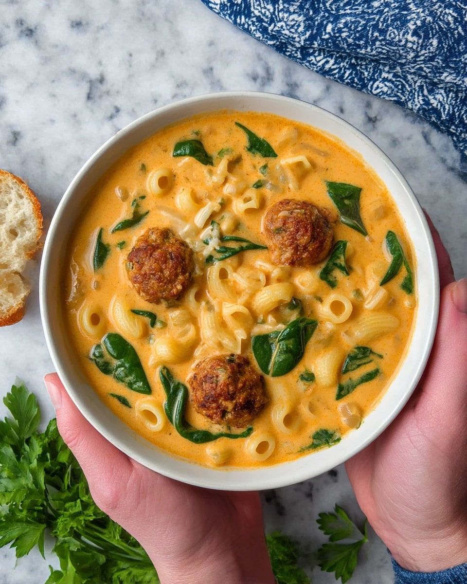 A white bowl filled with a creamy orange soup that has small pasta tubes, bright green spinach leaves, and four browned meatballs spread evenly on top. The soup looks thick and smooth, with small pieces of onions and herbs mixed in. Two woman's hands are holding the bowl from the sides. Next to the bowl, on a white marbled textured surface, there is a piece of crusty bread and some fresh green parsley. A blue and white patterned cloth is partly visible at the top right corner. Photo taken with an iphone --ar 4:5 --v 7