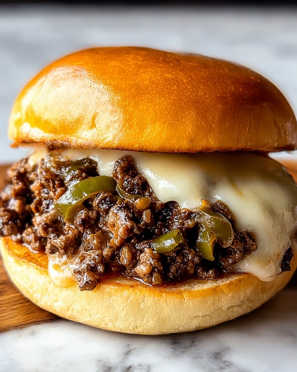 The image shows a close-up of a sandwich with three main layers inside a soft bun. The bottom layer is a light golden bun base with a slightly toasted texture. On top of it is a generous layer of cooked ground meat that looks juicy and dark brown, mixed with green pepper slices visible within the meat. The top layer is melted cheese stretched over the meat, creamy white with some oily shine, and it is hidden slightly under the golden brown glossy bun cover with a smooth surface. The sandwich is placed on a white marbled surface. photo taken with an iphone --ar 4:5 --v 7