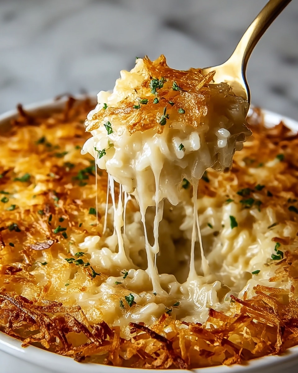 A close-up view of a baked rice dish served in a white round dish, showing two layers: the top layer is golden-brown, crispy rice with small green herb sprinkles, and the underneath layer is creamy, melted rice with visible cheese stretching as a golden spoon lifts a scoop. The crispy rice edges form a textured border around the dish. The background is a white marbled texture. Photo taken with an iphone --ar 4:5 --v 7