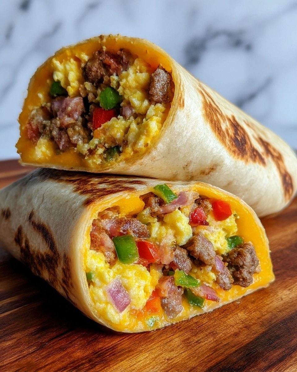 The image shows a close-up of two halves of a breakfast burrito placed on a wooden board. The burrito is wrapped in a light brown, grilled tortilla with some darker grill marks on the surface. Inside, there are several dense layers: the outer layer is the warm tortilla, followed by an orange-yellow melted cheese layer that slightly melts into the next layer. Then, inside, there is a rich mix of fluffy yellow scrambled eggs, small chunks of browned sausage, crispy pink bacon pieces, and finely diced green, red, and yellow bell peppers. The colorful ingredients are packed tightly together, making the burrito look hearty and fresh. The background is a white marbled texture. photo taken with an iphone --ar 4:5 --v 7