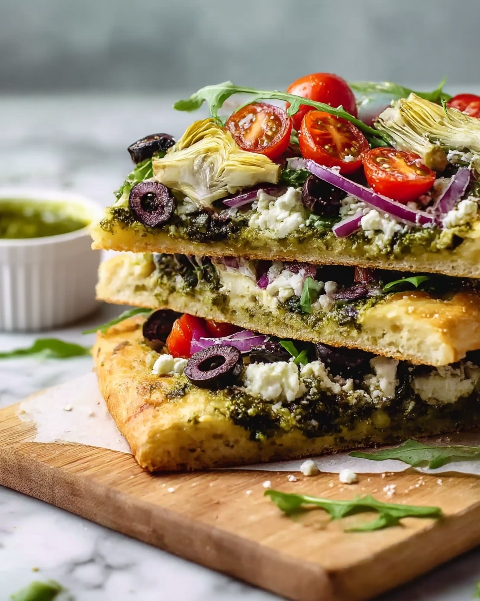 A stack of three pizza slices on a wooden board placed on a white marbled texture. The bottom layer is golden-brown thick crust dough with dark sliced olives, a spread of green pesto sauce, and some arugula leaves. The middle layer contains thick white cheese crumbles, sliced purple onions, black olives, and more pesto sauce. The top layer has bright red cherry tomato halves, artichoke hearts, arugula leaves, and pesto sauce, all on a golden crust that looks crispy on the edges. In the blurred background, there is a white ramekin with green sauce. photo taken with an iphone --ar 4:5 --v 7