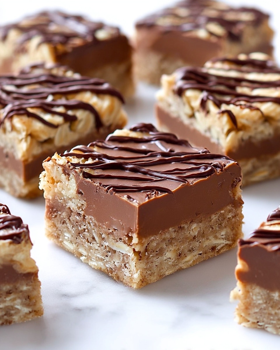 The image shows square dessert bars with three clear layers. The bottom layer is a dense, light brown oat mixture with small bits visible, forming a solid base. The middle layer is a smooth, thick, milk chocolate filling that contrasts with the oat texture beneath it. The top layer is another oat mixture, lighter in color and crumbly in texture, sprinkled with a dark chocolate drizzle in zigzag lines, adding a glossy finish. The bars are placed close together on a white marbled surface. photo taken with an iphone --ar 4:5 --v 7