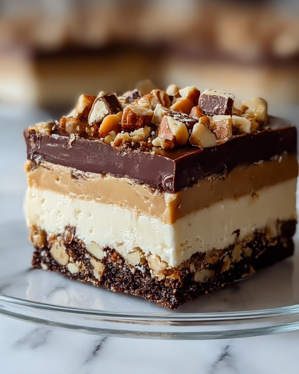 The image shows a square layered dessert on a clear glass plate. The bottom layer is dark, crumbly, and nutty in texture, followed by a thicker tan layer with a smooth, creamy look. Above this is a thin dark chocolate layer with bits of nuts, topped by a thick, creamy white layer containing nut pieces. The top layer is a glossy dark chocolate topped with a generous mix of chopped nuts and chunks of caramel or toffee. The background is blurred with a white marbled surface underneath. photo taken with an iphone --ar 4:5 --v 7