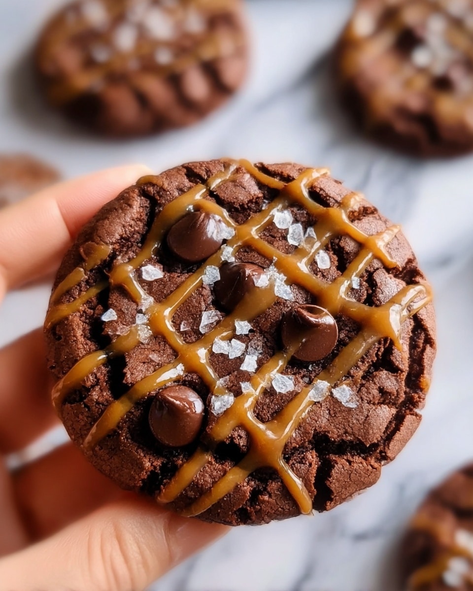 A close-up of a rich dark brown chocolate cookie held by a woman's hand, with a cracked texture showing softness inside. The cookie is drizzled with smooth golden caramel lines running diagonally across the top, sprinkled with large, shiny salt flakes, and studded with glossy dark chocolate chips that melt slightly into the surface. In the blurred background, there are more similar cookies resting on a white marbled texture. photo taken with an iphone --ar 4:5 --v 7