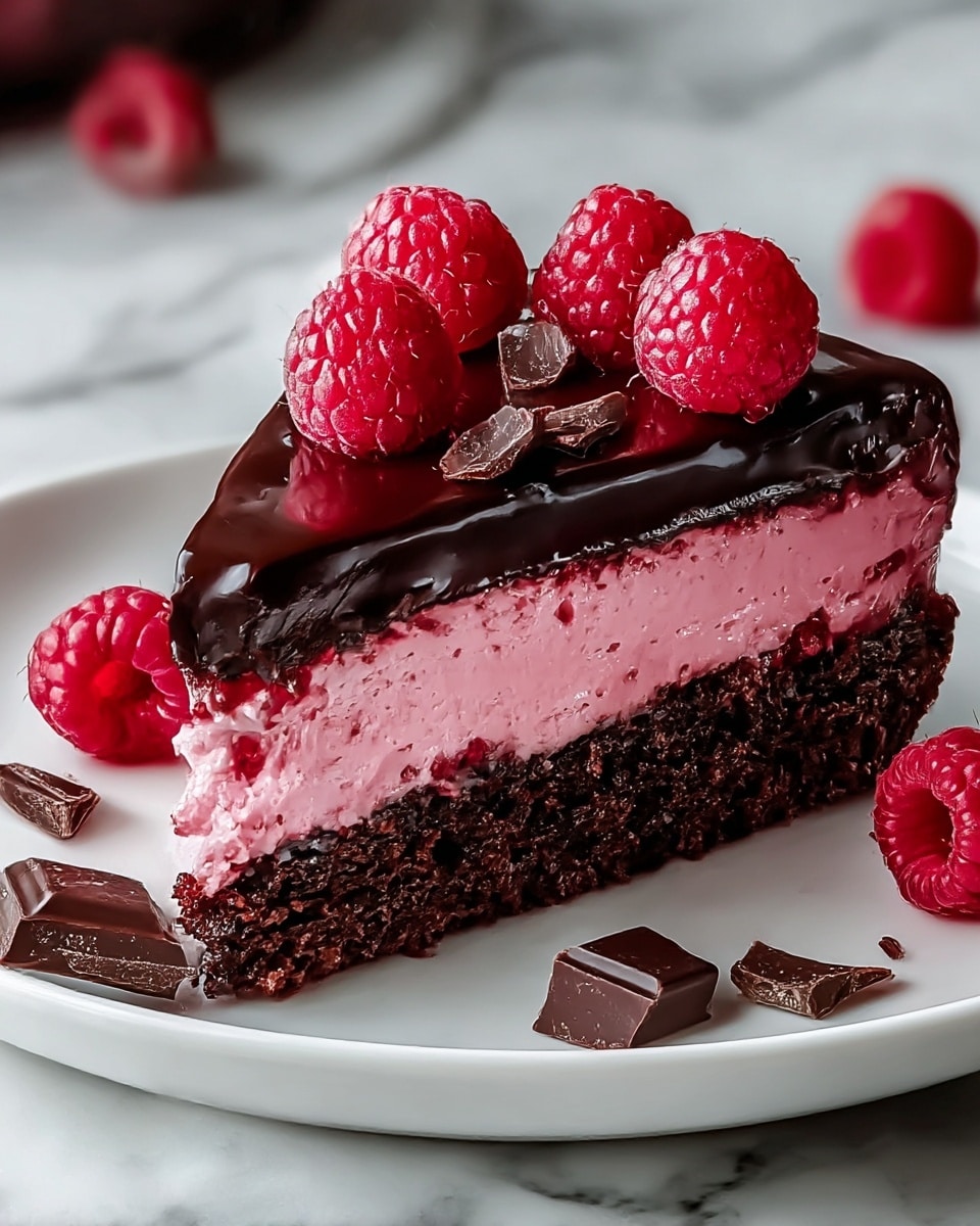 A slice of dessert with three layers sits on a white plate on a white marbled surface. The bottom layer is dark brown, crumbly, and dense like chocolate cake. The middle layer is thick, smooth, and bright pink, resembling a raspberry cream filling. The top layer is a shiny, dark chocolate glaze that covers the whole slice. On top of the glaze, there are several fresh, bright red raspberries and pieces of dark chocolate scattered around them. A few extra pieces of dark chocolate are placed on the plate beside the slice. The photo taken with an iphone --ar 4:5 --v 7