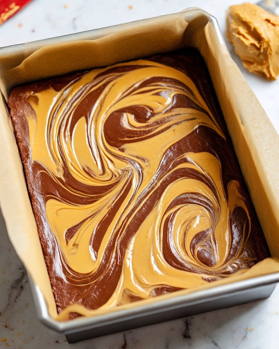 A rectangular baking pan lined with beige parchment paper holds a two-layer swirled dessert batter. The base layer is a rich dark brown chocolate, spread evenly across the pan. On top, a golden peanut butter layer is artistically swirled into the chocolate in wide, smooth ribbons, creating a marbled pattern with flowing curves and peaks. The texture looks soft and creamy, ready for baking, with the contrasting colors blending but clearly distinct, filling the pan to the edges. The pan rests on a white marbled surface, and a small blob of the peanut butter batter is visible near the top right corner outside the pan. photo taken with an iphone --ar 4:5 --v 7