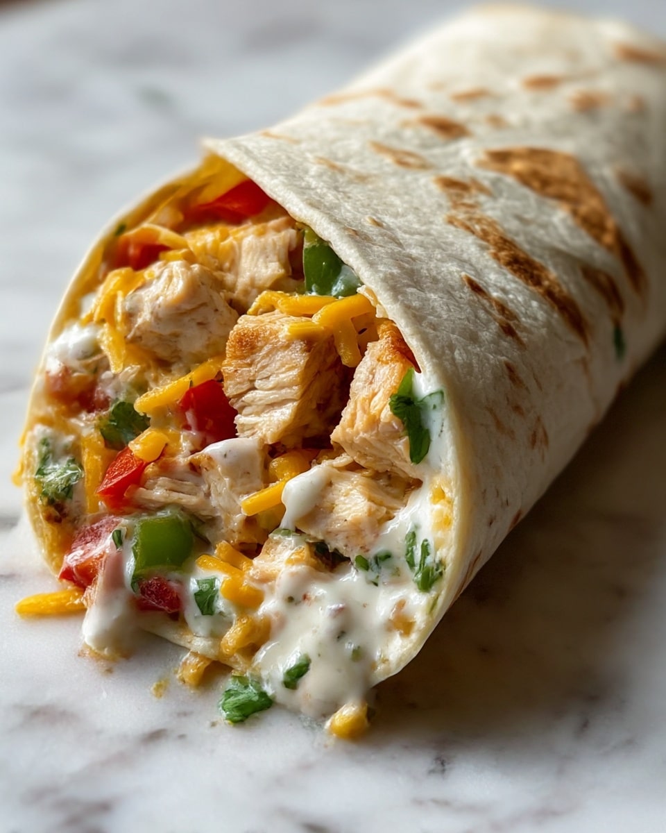 A close-up image of a wrap with a white, slightly toasted tortilla folded over, showing the inside layers clearly at the open end. Inside, there are chunks of cooked light brown chicken mixed with shredded yellow-orange cheese, small pieces of green and red bell peppers, and bits of fresh green cilantro. Creamy white sauce is drizzled over the filling, making it look moist and flavorful. The wrap rests on a white marbled surface. photo taken with an iphone --ar 4:5 --v 7
