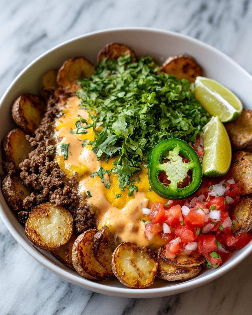 The dish is served in a white bowl placed on a white marbled surface, layered starting with a base of round, golden-brown roasted potato slices arranged around the edges and center. On top of the potatoes, there is a layer of browned ground beef, scattered unevenly. Melted yellow cheese is spread over part of the beef, covered partially by a light creamy orange sauce. A small pile of fresh, finely chopped red tomatoes and white onions mixed with green cilantro sits on one side of the bowl. Two lime wedges lean against the side and a single green jalapeño ring topped with cilantro is placed in the middle, adding a pop of green color. photo taken with an iphone --ar 4:5 --v 7