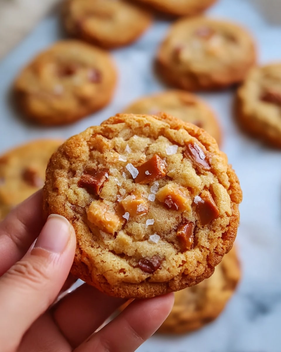 A close-up view of a round, golden-brown cookie with a slightly rough texture and crispy edges, dotted with melted caramel-colored chunks and bits of salt crystals on top. The cookie is held by a woman's hand showing the thumb and index finger gently pinching the edge. In the background, several similar cookies are placed on a white marbled surface, softly blurred to emphasize the main cookie in focus. The overall look is warm, inviting, and homemade. photo taken with an iphone --ar 4:5 --v 7