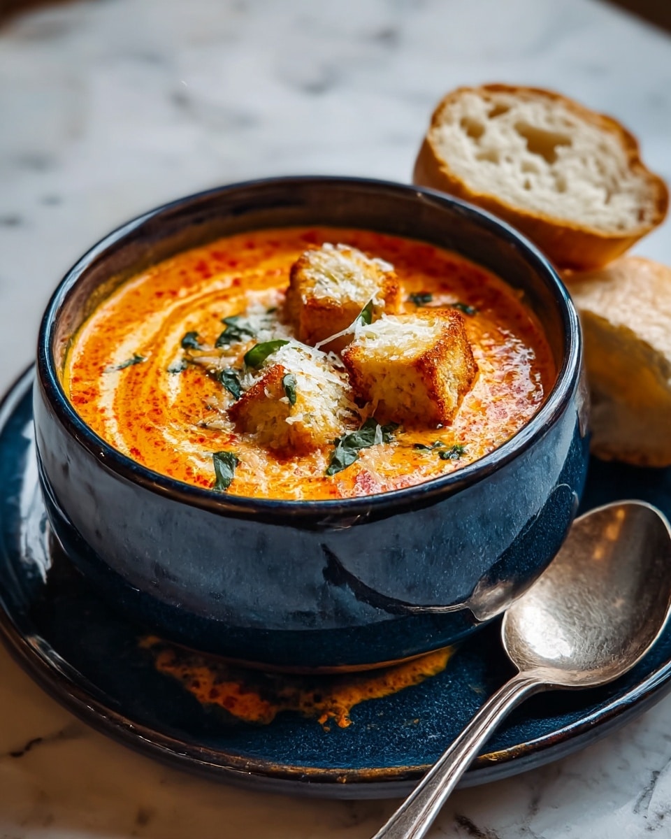 A dark blue bowl filled with creamy orange soup sits on a matching dark blue plate, both placed on a white marbled surface. The soup has visible swirls and a rich, smooth texture with red seasoning bits spread throughout. On top, there are three golden-brown crispy tofu cubes sprinkled with some grated white cheese and small green herb strips, likely basil, adding contrast and freshness. Next to the bowl on the plate, two pieces of crusty bread with a light, airy inside and a golden crunchy crust finish the scene. A tarnished silver spoon rests beside the bowl. Photo taken with an iphone --ar 4:5 --v 7