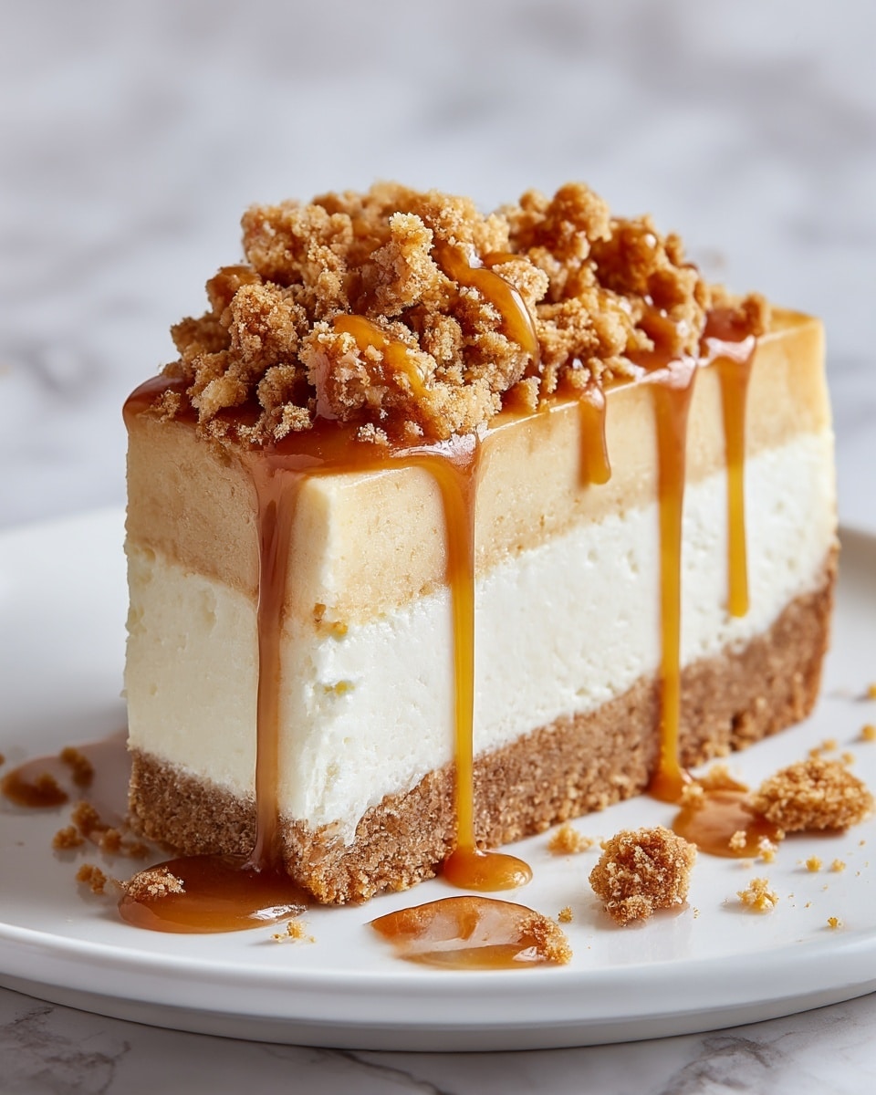 A slice of cheesecake on a white plate with a brown crumb crust as the bottom layer, topped with a thick, creamy white cheesecake layer in the middle. On top, there is a crunchy crumb topping with broken pieces of caramelized biscuit scattered across, all drizzled generously with smooth caramel sauce that trickles down the sides. The whole dessert sits on a white marbled surface, highlighting the rich texture and colors of the cake. photo taken with an iphone --ar 4:5 --v 7