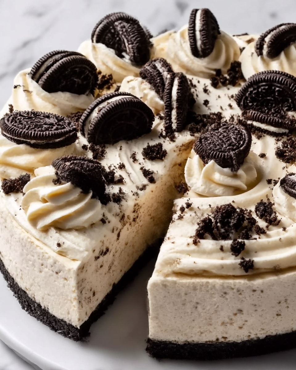 The image shows a two-layer Oreo cake with dark chocolate layers filled and covered with light beige cream. The top of the cake is decorated with swirls of the same beige cream, sprinkled with crushed Oreo crumbs, and topped with whole Oreo cookies evenly placed around the edge. The cake sits on a white marbled surface with a thick, crumbly brown crust at the base. A slice has been cut out to show the creamy filling inside. Photo taken with an iphone --ar 4:5 --v 7