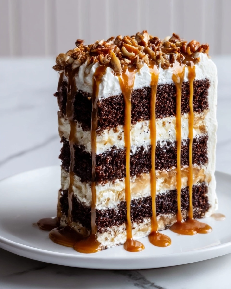 A tall slice of three-layer chocolate cake sits on a white plate, placed on a white marbled surface. The bottom and top layers are dark, moist chocolate cake, while between them are two thick layers of white cream. Between the middle chocolate layer and cream is a thin caramel layer with chopped nuts. Thick caramel sauce drips generously from the top of the cake, over the dark chocolate layer, pooling on the plate below and covering some chopped nuts on top. The background is softly blurred with warm, round lights. Photo taken with an iphone --ar 4:5 --v 7