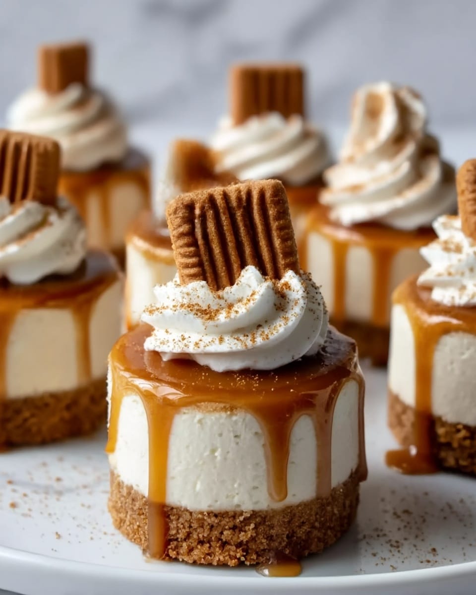 The image shows several small round cheesecakes, each with three main layers: a bottom crumbly brown crust, a thick middle layer of creamy white cheesecake, and a top layer of smooth caramel sauce dripping down the sides. Each cheesecake is topped with a swirl of white whipped cream sprinkled with light brown crumbs and crowned with a square brown cookie standing upright. The cheesecakes are placed on a shiny white plate set on a white marbled surface. Photo taken with an iphone --ar 4:5 --v 7