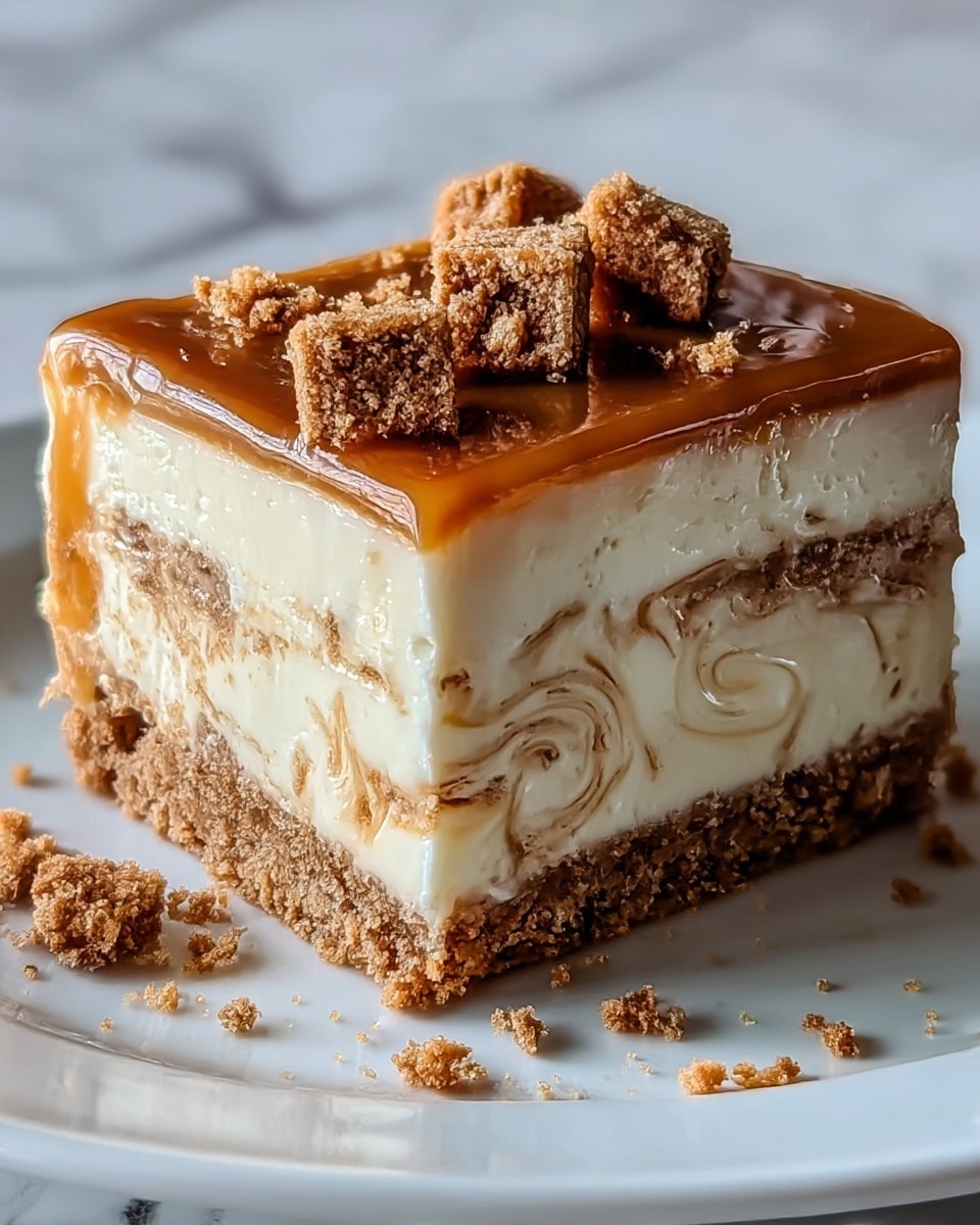 This image shows a square piece of layered dessert on a white plate placed on a white marbled texture. The bottom layer is a crumbly, brown cake base. Above that is a creamy, light brown caramel layer with a smooth texture, followed by a thick, white cream layer with a soft texture. Above the cream is another layer of moist, brown crumbly cake with specks of darker brown. The top layer is a shiny, smooth caramel glaze with extra crumbled cake pieces sprinkled on top, adding texture and depth. Some crumbs are scattered on the plate around the dessert. Photo taken with an iphone --ar 4:5 --v 7