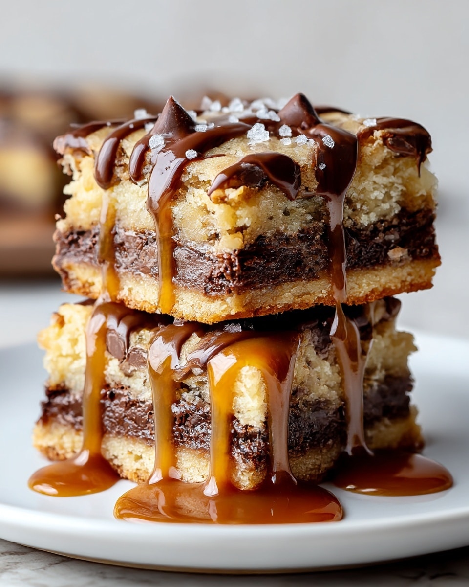 Two stacked dessert bars rest on a white plate with a white marbled background. Each bar has three visible layers: a light golden, crumbly cookie base; a thick, rich dark chocolate middle filled with chocolate chips; and a lighter cookie top layer dotted with chocolate chunks. The top bar is drizzled with dark chocolate, and a thick, shiny caramel sauce flows generously from the upper bar down to the base of the lower bar, pooling on the plate. A few coarse salt crystals are sprinkled on top, adding texture and shine. photo taken with an iphone --ar 4:5 --v 7