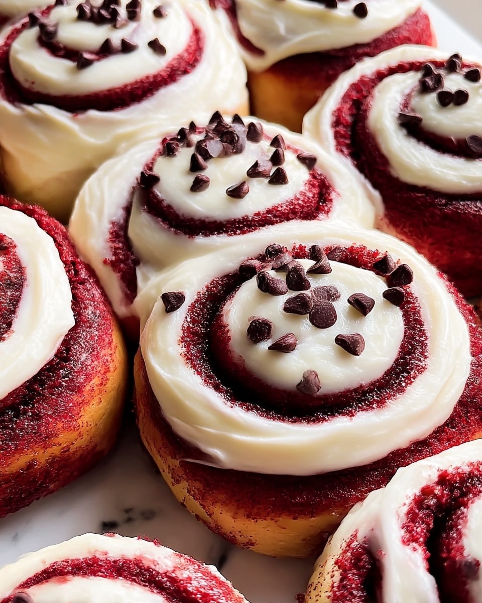 A close-up view of several red velvet cinnamon rolls arranged side by side on a white marbled surface. Each roll has two main visible layers: a soft, deep red cake-like dough spiraled around with cream cheese frosting in a smooth, thick white layer on top that spreads out slightly over the edges. Dark chocolate chips are scattered over the top of the frosting, adding small pops of dark brown color. The rolls show a moist and slightly textured crumb with the swirled frosting creating a creamy contrast. The whole scene is warmly lit, highlighting the rich red and creamy white colors and the soft texture of the rolls. Photo taken with an iphone --ar 4:5 --v 7