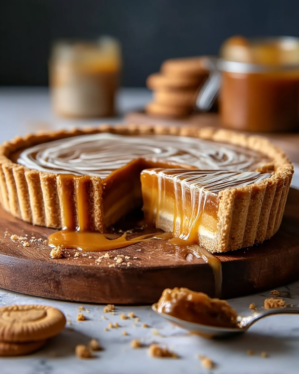 A close-up view of a tart with a thick golden-brown crumb crust forming the base and sides, filled with a shiny, thick caramel layer that spills slightly over the edge, topped with a thin, white swirled cream pattern. One slice is taken out and rests beside the tart on a round wooden board, with caramel slowly dripping off the edge of the tart onto the board. There are scattered crumbs around the tart, and a spoon with a cookie lies in the foreground, set against a white marbled texture. In the background, a blurred jar of caramel and a small container of cookies add depth. Photo taken with an iphone --ar 4:5 --v 7