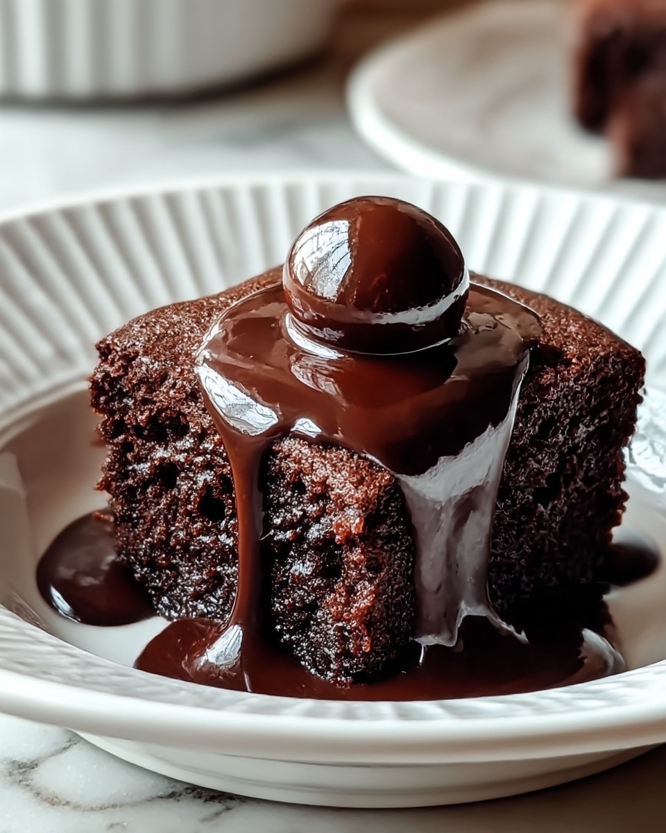 A single square piece of dark chocolate cake with a moist, soft texture and slightly porous crumb is placed at the center of a white bowl. The cake is topped with a glossy, thick layer of melted dark chocolate sauce that flows down the sides, with a whole smooth chocolate drop sitting at the very top center. The white bowl has a subtle ribbed edge and sits on a white marbled surface. Photo taken with an iphone --ar 4:5 --v 7