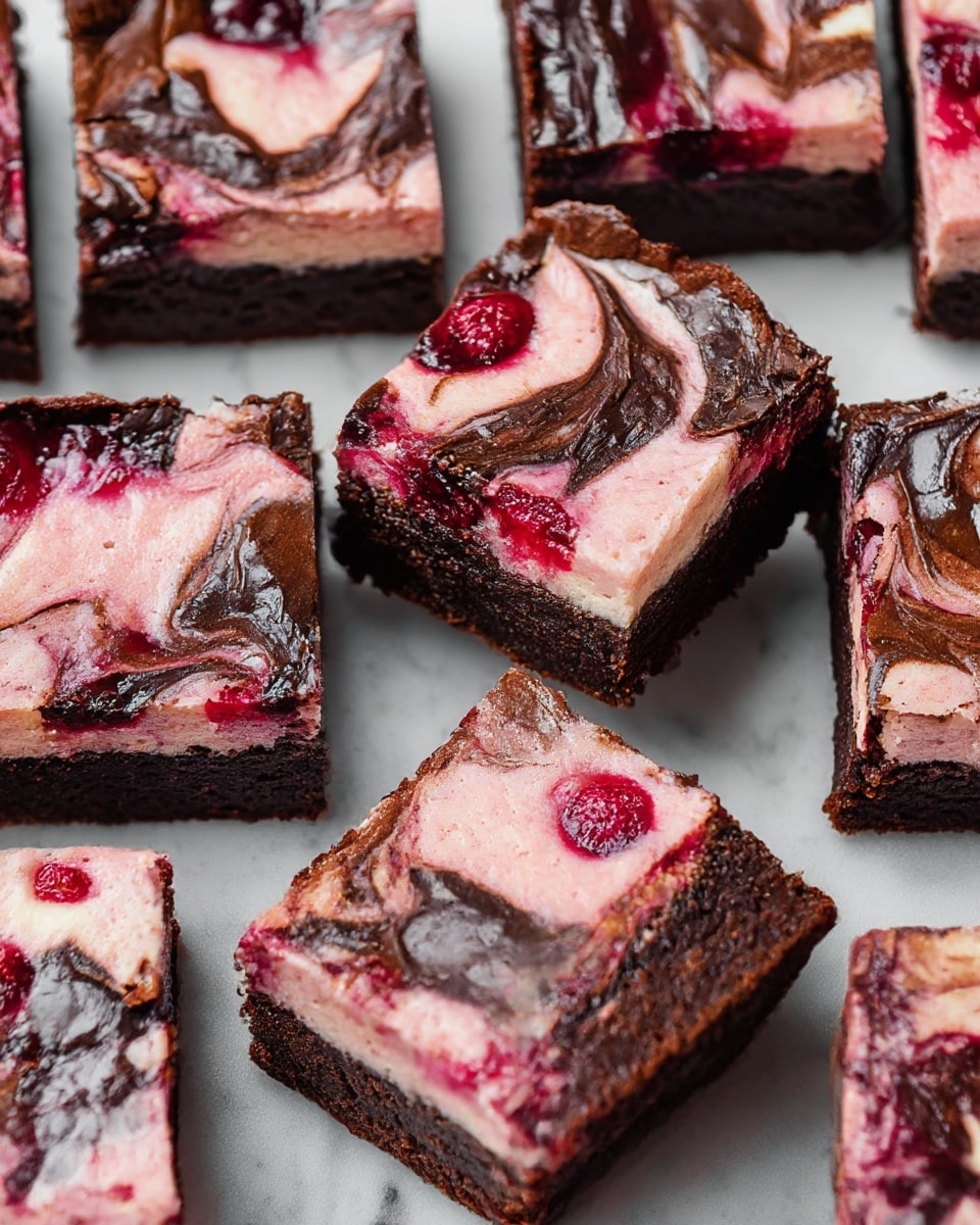 A group of square brownies with three visible layers: the bottom dark brown chocolate cake layer, the middle soft pink cream cheese layer with a smooth texture, and the top layer with swirls of dark chocolate and bright red raspberry jam that mix into the pink cream, creating a marbled effect. The brownies are cut into neat squares and arranged closely on a white marbled surface, with one brownie slightly tilted showing its layered thickness. Small red raspberry seeds can be seen inside the jam swirls. Photo taken with an iphone --ar 4:5 --v 7