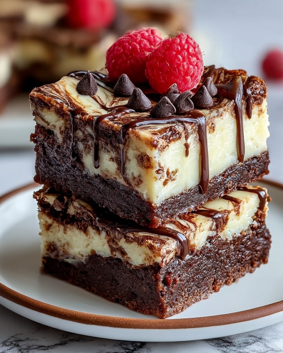 Two square pieces of dessert stacked on a white plate with a brown edge, placed on a white marbled surface. Each piece has three layers: the bottom layer is a dense, dark chocolate brownie, the middle layer is creamy white cheesecake with patches of dark chocolate mixed in, and the top layer is a marbled mix of dark chocolate and cheesecake swirls, drizzled with chocolate sauce. Two fresh red raspberries and several small dark chocolate chips sit on the top piece. The texture looks rich and moist, with a glossy chocolate drizzle on top. Photo taken with an iphone --ar 4:5 --v 7
