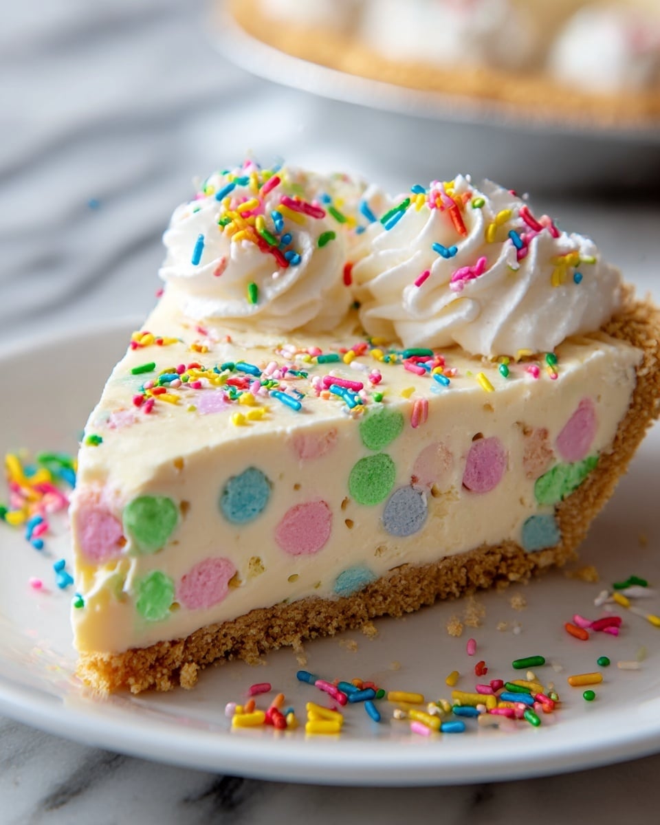 A close-up of a slice of pie on a white plate with a crumbly golden brown crust at the bottom. Above the crust is a thick layer of smooth light cream filling with colorful pastel candy bits mixed inside, showing pink, green, blue, and yellow spots. The top edge is decorated with swirls of white whipped cream sprinkled with vibrant rainbow sprinkles in different shapes. Some rainbow sprinkles are also scattered on the plate. The surface beneath the plate has a white marbled texture. photo taken with an iphone --ar 4:5 --v 7