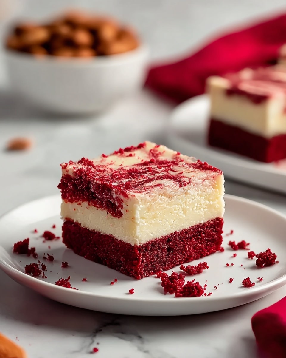The image shows a square slice of a two-layered dessert on a white plate, placed on a white marbled surface. The bottom layer is thick, deep red, and crumbly, while the middle layer is creamy and smooth, with an off-white color. The top layer is a mix of red crumbs swirled with the creamy layer, creating a marbled effect with crumbly red bits scattered on and around the dessert. The background is softly blurred, showing a white bowl filled with almonds and another similar dessert slice. A red cloth is partially visible to the side. Photo taken with an iphone --ar 4:5 --v 7