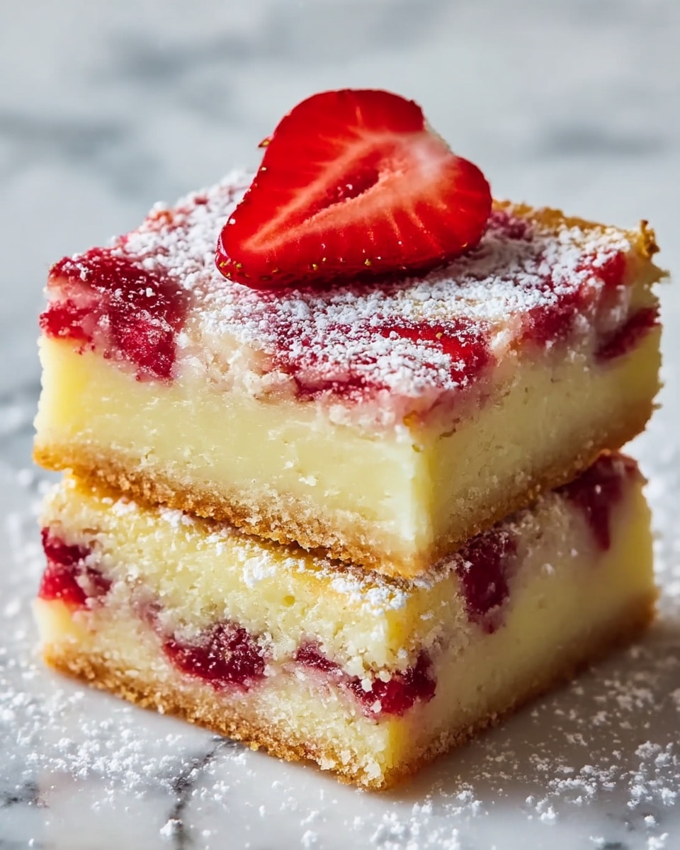 Two stacked square bars each have three layers: a light golden-brown crust at the bottom, a thick creamy pale yellow middle layer, and a top layer of red strawberry swirls with a dusting of white powdered sugar. The top bar is decorated with a bright red sliced strawberry. The bars rest on a white marbled surface with some powdered sugar scattered around. Photo taken with an iphone --ar 4:5 --v 7