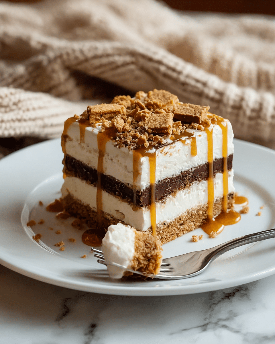 A square, layered dessert sits on a white plate with five visible layers: the bottom layer is a light brown crumbly base, followed by a thick creamy white layer, then a smooth, dark brown chocolate layer, topped again with a creamy white layer, and sprinkled with crushed light brown crumbs and cookie pieces. Rich caramel sauce drips down from the top, adding a shiny golden-brown glaze over the crumbs. A fork holds a bite-sized piece in front of the dessert. The background shows a soft beige knitted fabric and a white marbled surface nearby. photo taken with an iphone --ar 4:5 --v 7