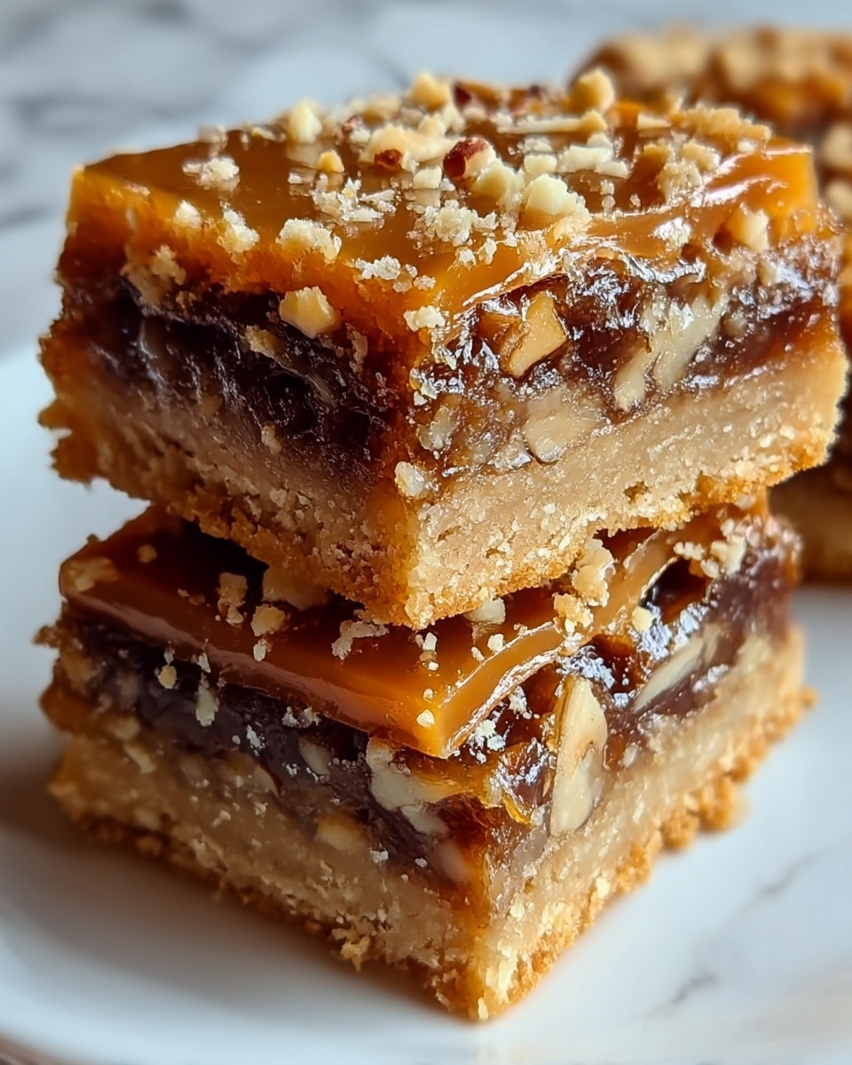 Two square bars are stacked on a white plate, each bar showing three layers: a light brown crumbly base, a middle dark brown and sticky filling with bits of nuts visible, and a glossy golden caramel top sprinkled with crushed nuts. The caramel layer shines under the light, and the edges of the bars have a slightly rough texture from the crumbly base. The background is a white marbled texture. photo taken with an iphone --ar 4:5 --v 7