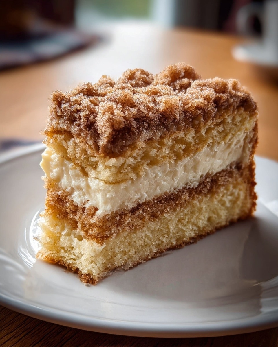 A slice of crumb cake on a white plate shows three distinct layers: the bottom and top layers are light golden brown with a soft, crumbly texture, and between them is a creamy off-white filling with a smooth texture. The top has a thick crumb topping that is darker brown and coarsely textured, covering the entire surface. The cake sits on a wooden table with a blurred background. photo taken with an iphone --ar 4:5 --v 7