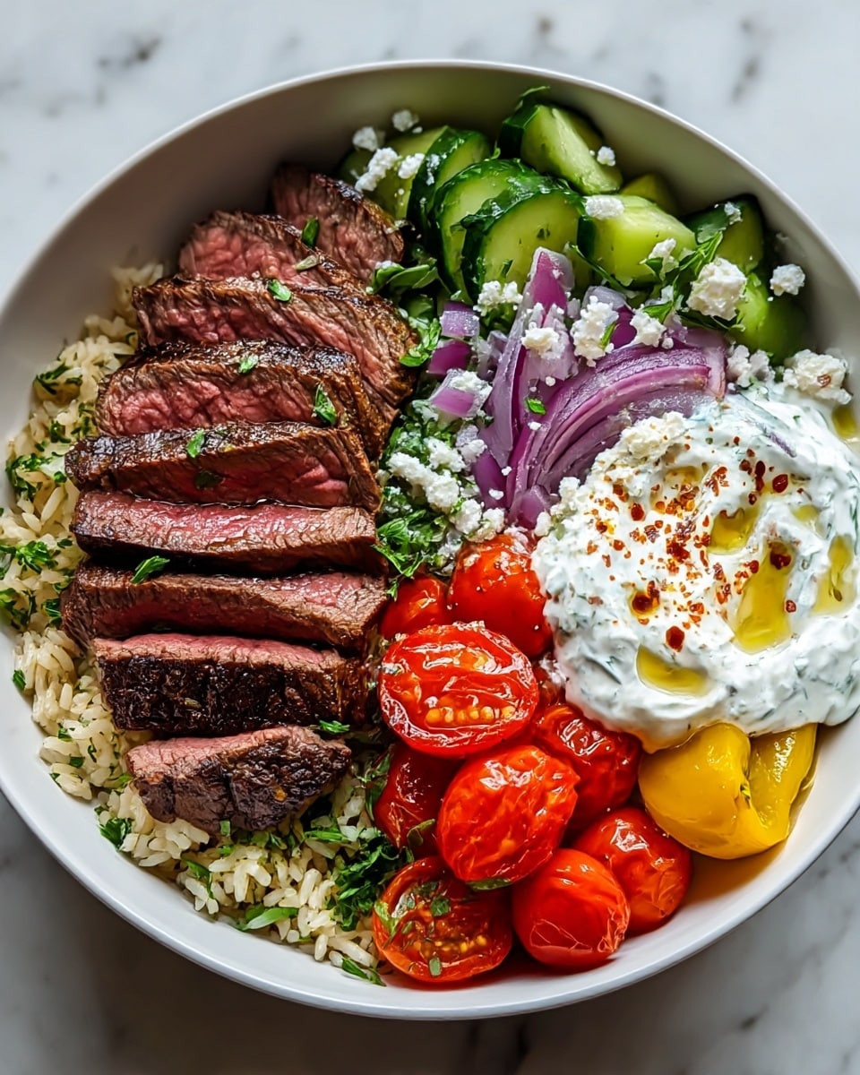 A bowl filled with layers of food sits on a white marbled surface. On the left side, there are several slices of grilled steak, showing a pink inside with a dark brown grilled outer edge, sprinkled with small green herb pieces. Next to the steak, there is a layer of cooked brown rice with some green herbs mixed in. On the right side of the bowl is a thick white yogurt sauce with bits of green herbs and a drizzle of yellow oil on top, sprinkled with red chili flakes and white crumbled cheese. Below the sauce, halved cherry tomatoes with a shiny bright red look create a juicy layer. To the right of the tomatoes, there are fresh green cucumber slices and a chunk of chopped purple onion pieces. Near the onions, there is a single green jalapeño slice. The white bowl shapes all the food into a colorful, fresh, and rich mix. Photo taken with an iphone --ar 4:5 --v 7
