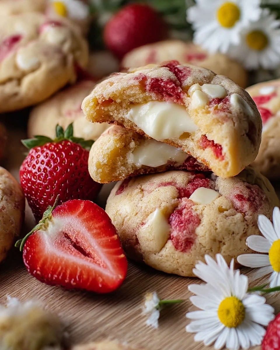 The image shows soft, round cookies with rough, cracked tops mixed with bits of red strawberry and small white chunks. One cookie is broken open and placed on top of another, revealing a creamy white center that looks smooth and thick. Around the cookies, there are fresh whole strawberries and one cut in half with bright red flesh and tiny seeds, along with white daisies with yellow centers. The cookies and fruit rest on a light brown wooden surface. The colors are warm and natural with a focus on red, white, and beige tones. photo taken with an iphone --ar 4:5 --v 7