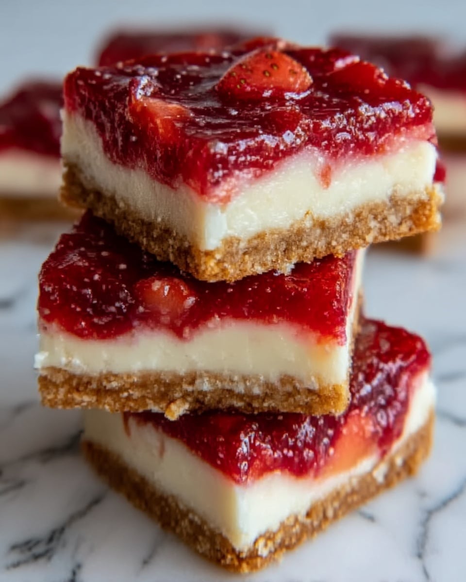 A close-up view of a small square dessert with three clear layers on a white marbled surface. The bottom layer is thick, textured, and brown, resembling a crumbly nut or oat crust. The middle layer is smooth, thick, and creamy white, contrasting with the bottom. The top layer is a glossy, deep red strawberry jelly filled with visible chunks of strawberries and is topped with a single bright red strawberry half. The jelly layer slightly drips down the sides, adding a shiny and juicy look to the dessert. Photo taken with an iphone --ar 4:5 --v 7