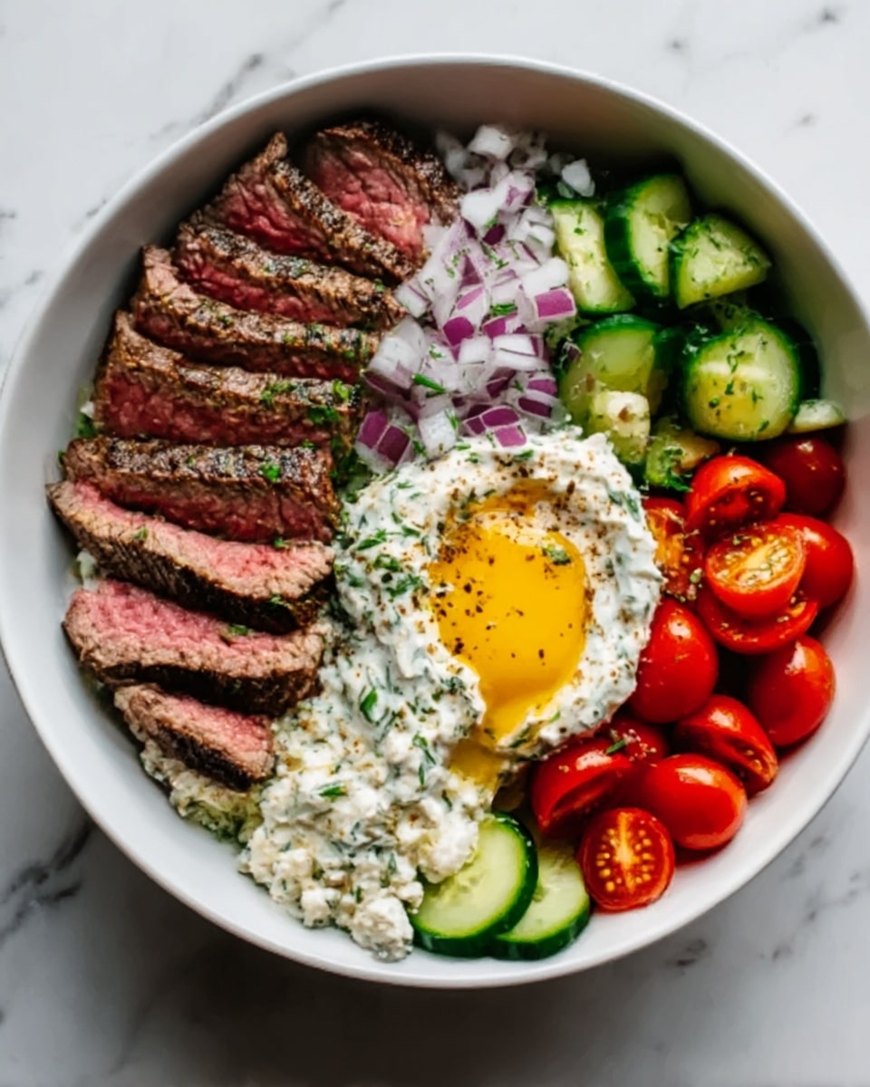A white bowl sits on a white marbled surface, filled with layers of food. At the left side, there are sliced pieces of cooked steak showing a pink center. Next to the steak, there are small chopped red onions. On the right side of the bowl, there are halved cherry tomatoes and sliced cucumbers with green skin. In the middle, there is a thick scoop of creamy white sauce with herbs and spices, topped with a bright yellow egg yolk. The bowl shows a mix of textures, from juicy and soft to creamy and crunchy. photo taken with an iphone --ar 4:5 --v 7