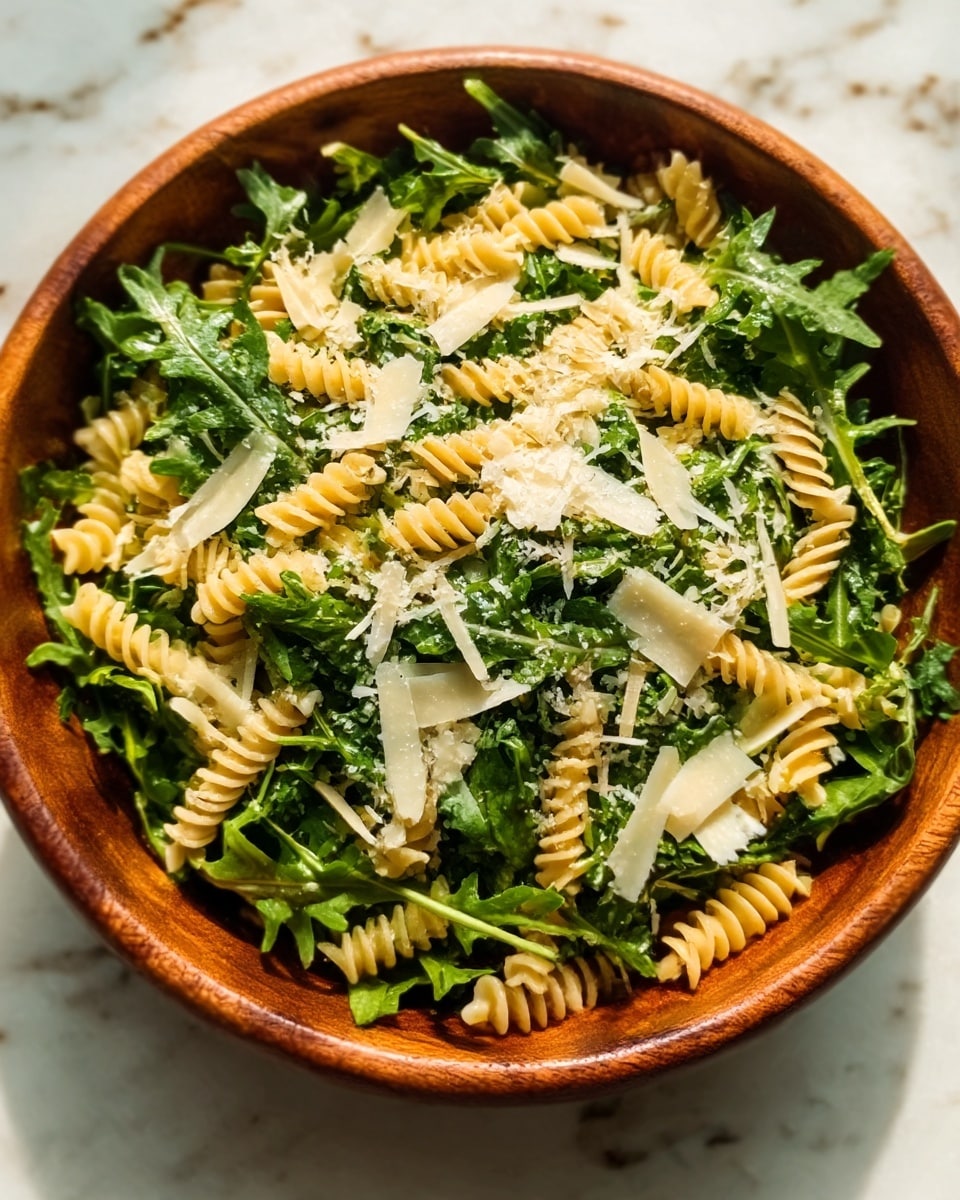 A wooden bowl filled with a fresh salad made of dark green leafy arugula as the base layer. On top, light golden, slightly curved spiral pasta pieces are spread evenly. Scattered thin, light cream-colored cheese shavings add texture and contrast. The salad looks fresh and colorful with natural light highlighting the different layers and textures. The background is a white marbled surface. Photo taken with an iphone --ar 4:5 --v 7