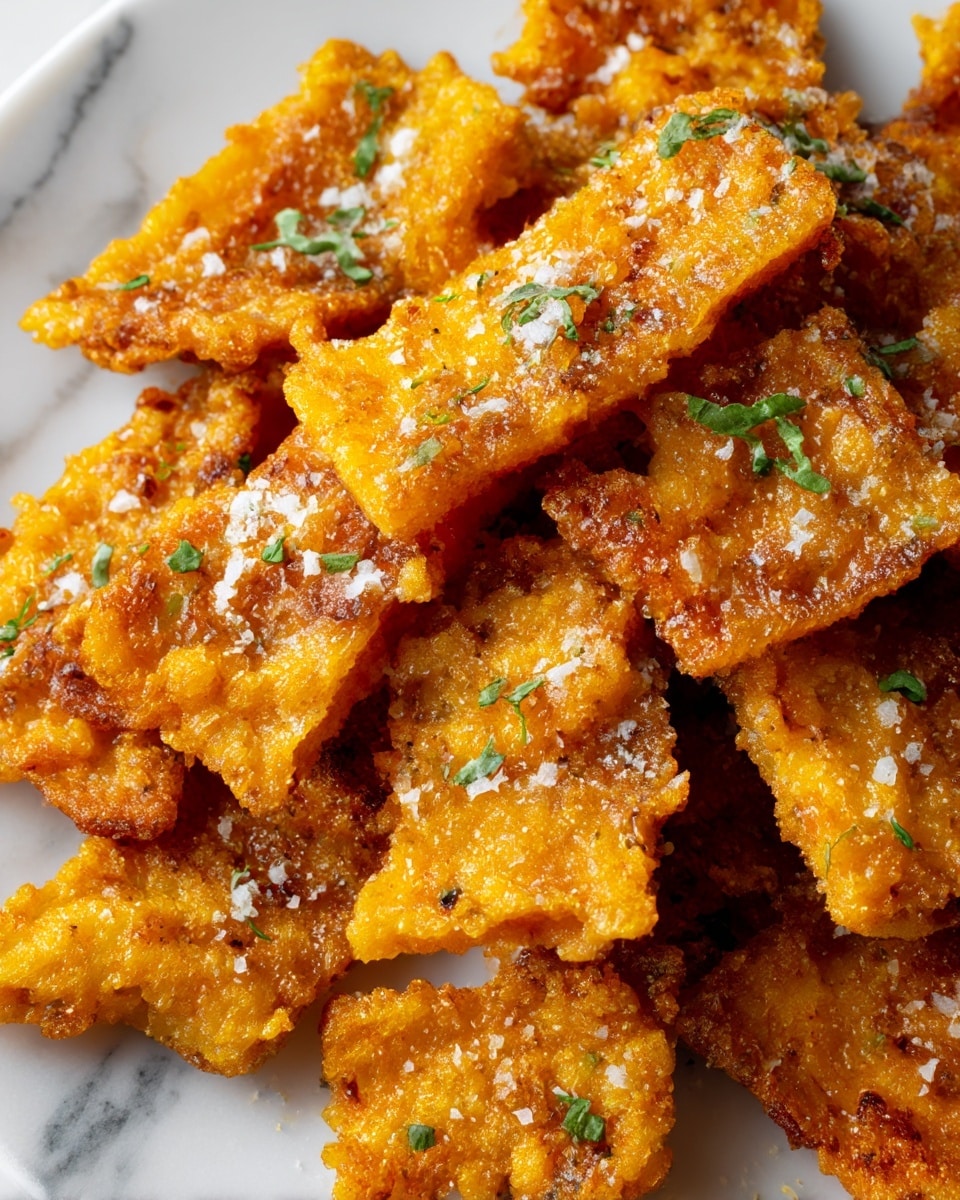 This close-up image shows a pile of golden brown, crispy fried pieces with a crunchy textured surface. Each piece is roughly rectangular with uneven edges and scattered darker toasted spots. Small white flakes of coarse salt and fresh green herb bits are sprinkled on top of the fried pieces, adding contrast to the warm orange color. The dish is set against a white marbled texture background. photo taken with an iphone --ar 4:5 --v 7