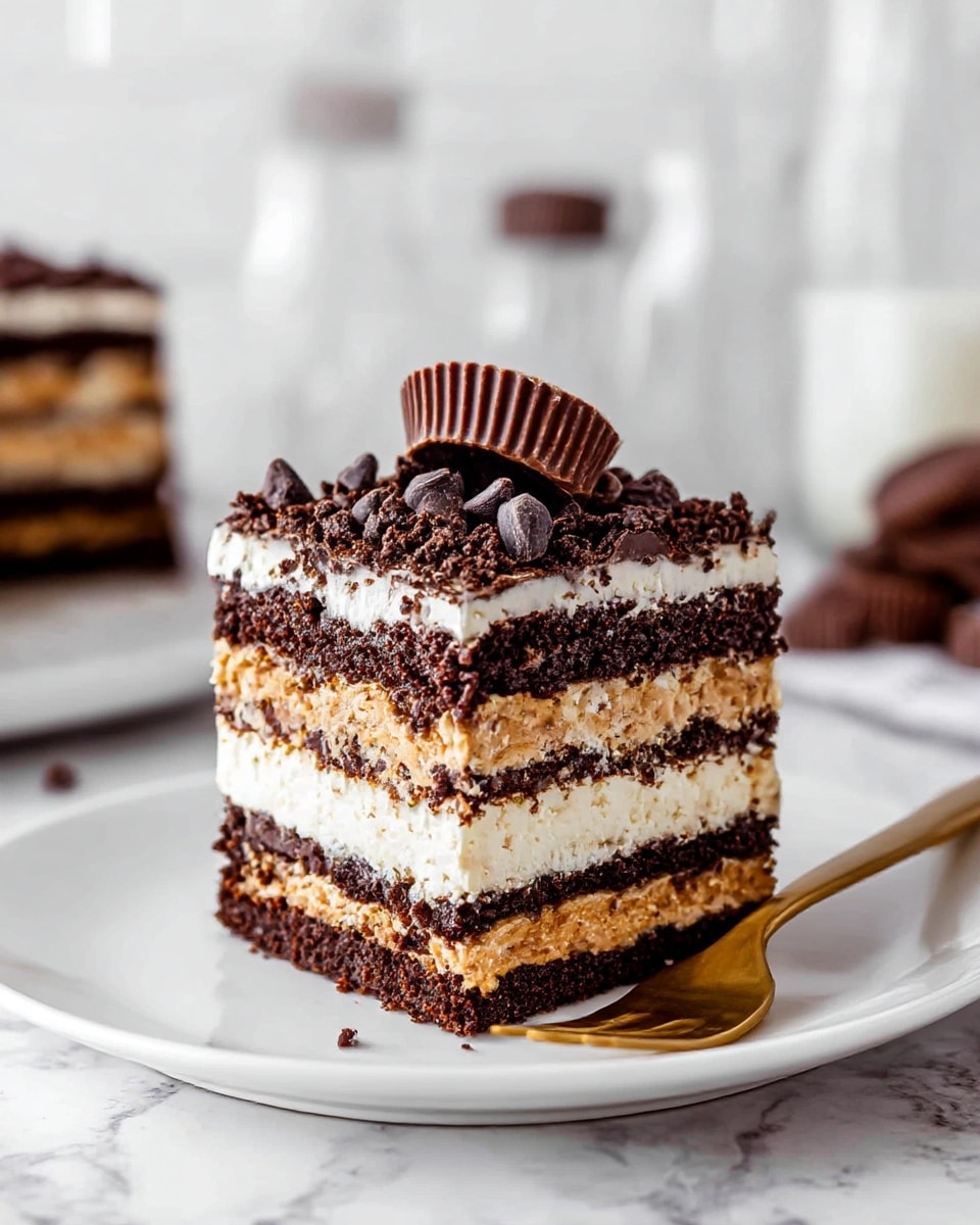 A square layered cake sits on a white plate with a gold fork resting beside it. The cake consists of five layers starting with a dark brown chocolate crumb layer at the bottom, followed by a creamy peanut butter layer with bits of chocolate, then a second dark brown chocolate crumb layer, a thick white creamy layer, and topped with a generous layer of dark chocolate crumbs and small dark chocolate chips. On the very top, there is a halved chocolate peanut butter cup resting at an angle. The background is a white marbled texture with blurred chocolate cakes and glass bottles in soft focus. photo taken with an iphone --ar 4:5 --v 7