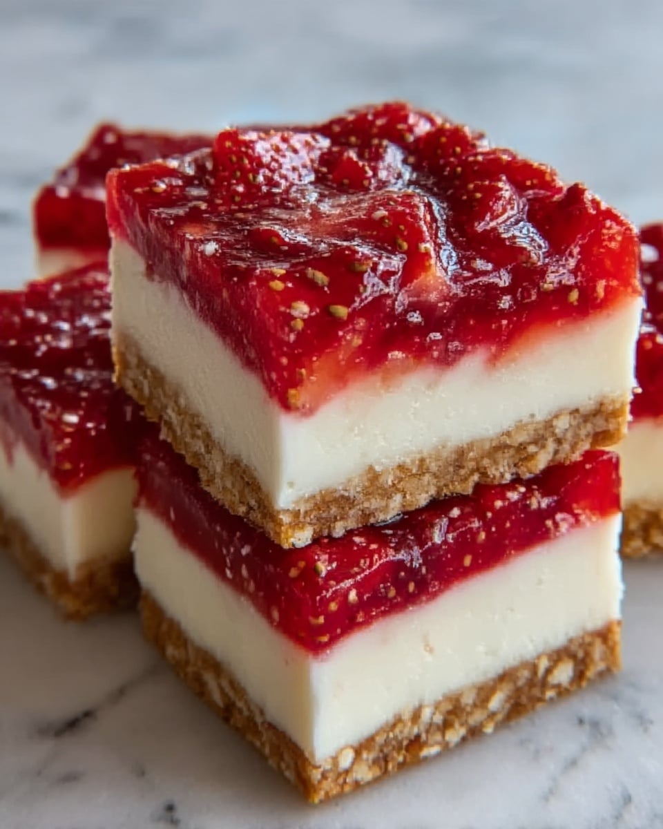 The image shows three square pieces of dessert stacked on a white marbled surface. Each piece has three layers: the bottom layer is thick and crumbly with a light brown color, the middle layer is smooth and creamy white, and the top layer is bright red with whole and crushed strawberries in a jelly-like glaze. The strawberries' seeds and juices give the top a shiny, textured look. The pieces are neatly cut, showing clean, even layers. Photo taken with an iphone --ar 4:5 --v 7