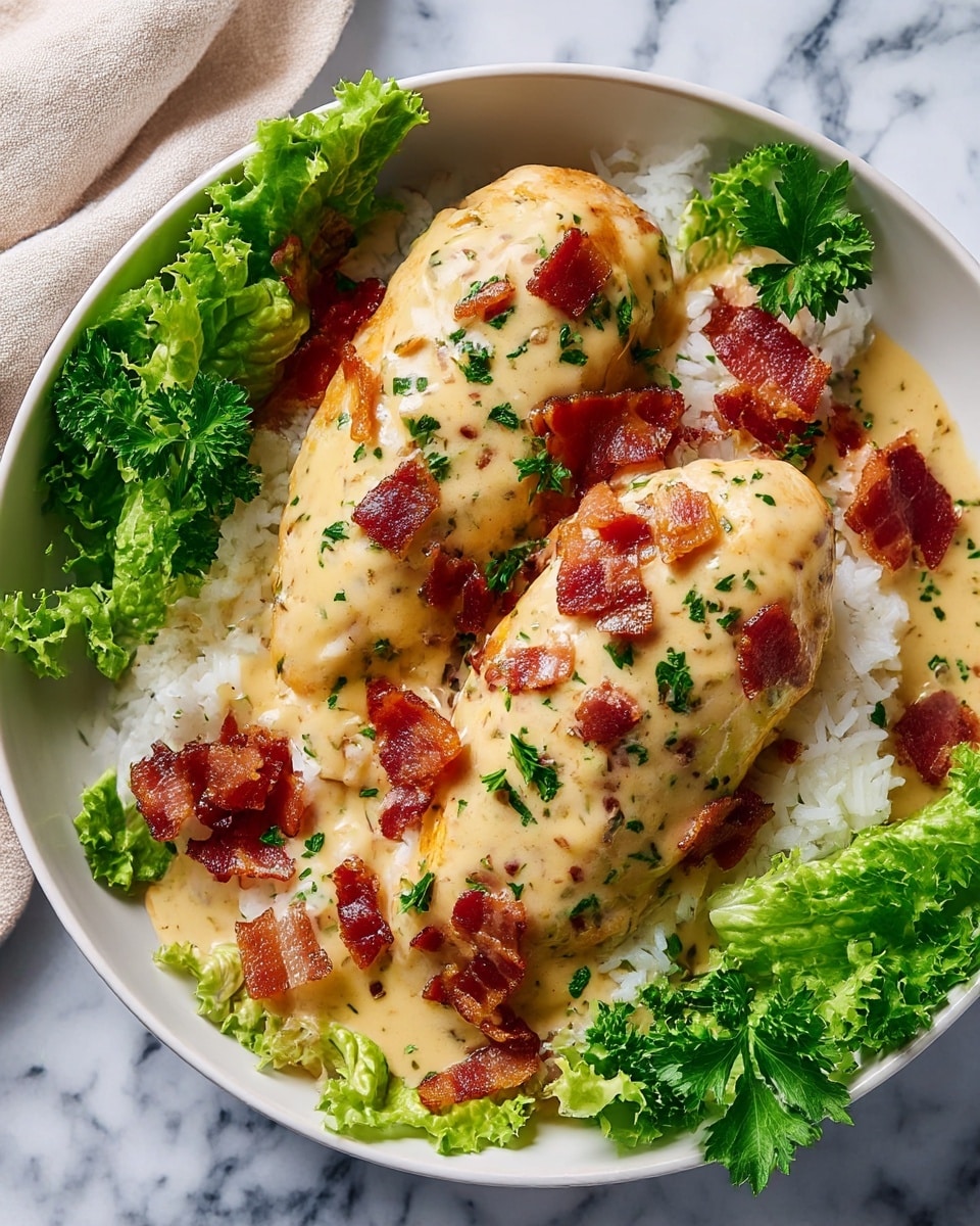 A white bowl filled with a base layer of fluffy white rice topped with two pieces of golden-brown chicken breasts covered in a creamy, light yellow sauce speckled with herbs. Crispy bits of reddish-brown bacon are scattered generously over the sauce and chicken. Bright green, ruffled lettuce and parsley leaves are placed on the sides, adding fresh color contrast. The dish sits on a white marbled surface with a light beige cloth partially visible in the corner. Photo taken with an iphone --ar 4:5 --v 7