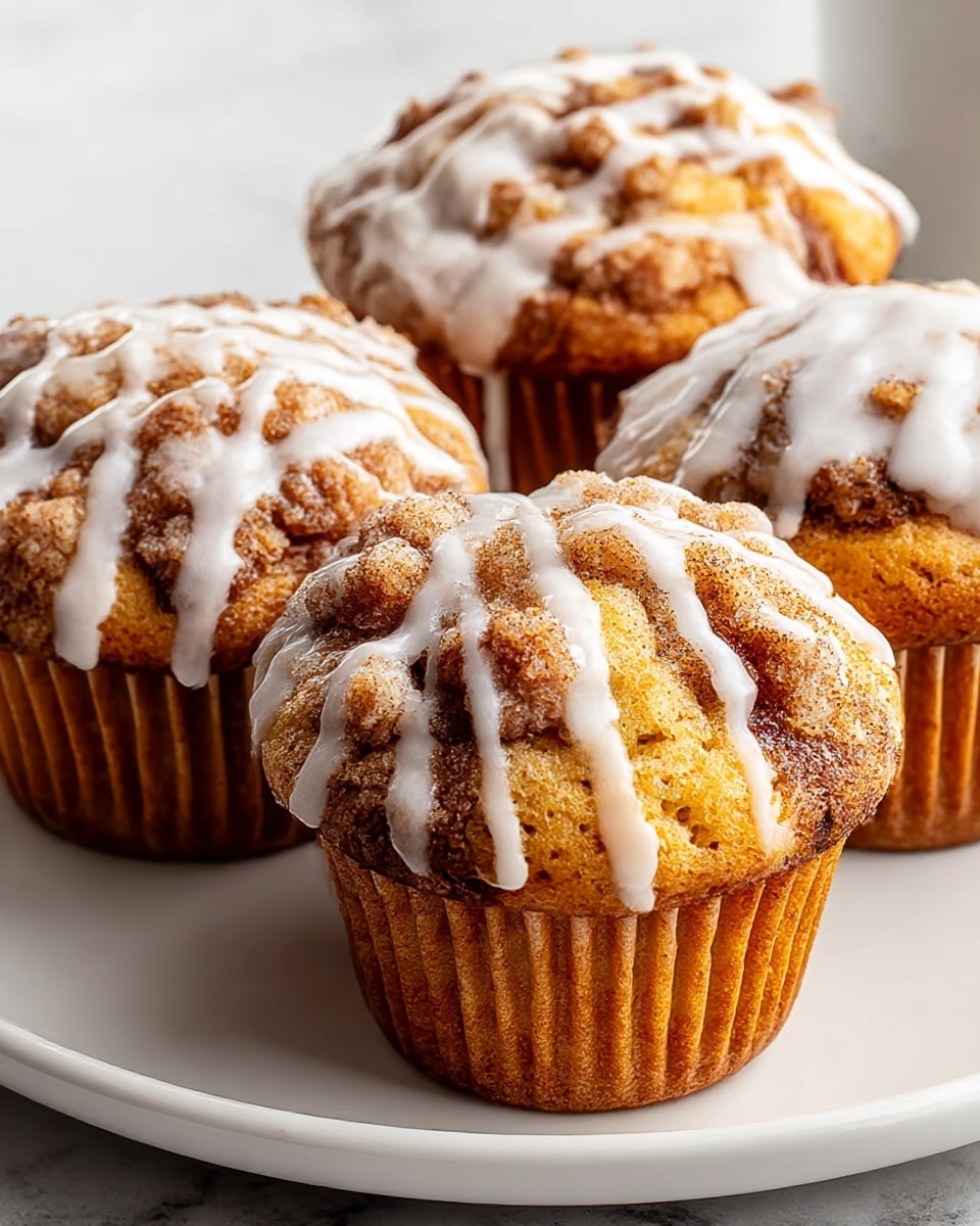 The image shows four cinnamon muffins on a white plate placed on a white marbled surface. Each muffin has three main layers: a golden brown base with a slightly textured ridged surface from the baking cup, a middle layer of swirled cinnamon filling visible in darker brown streaks, and a top crumbly layer with golden and dark brown cinnamon chunks. All muffins are topped with a white icing glaze, drizzled unevenly, creating a glossy contrast on the rough textured top. The muffins are close to each other, showing their rounded tops and crispy edges. photo taken with an iphone --ar 4:5 --v 7