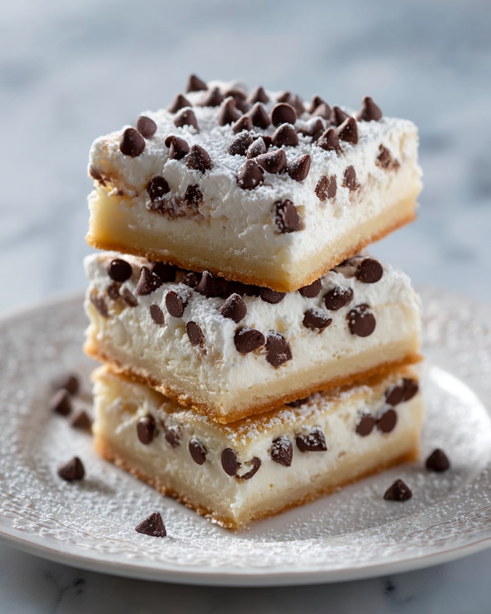 A stack of three dessert bars is shown on a white plate with a delicate pattern, placed on a white marbled surface. Each bar has three clear layers: a golden-brown bottom crust, a thick creamy white middle layer, and a fluffy white topping covered with many small dark chocolate chips. The chocolate chips are scattered evenly over the top layer and some are embedded within the middle layer. A light dusting of powdered sugar is sprinkled over the top and around the plate, enhancing the texture and color contrast of the bars. Photo taken with an iphone --ar 4:5 --v 7