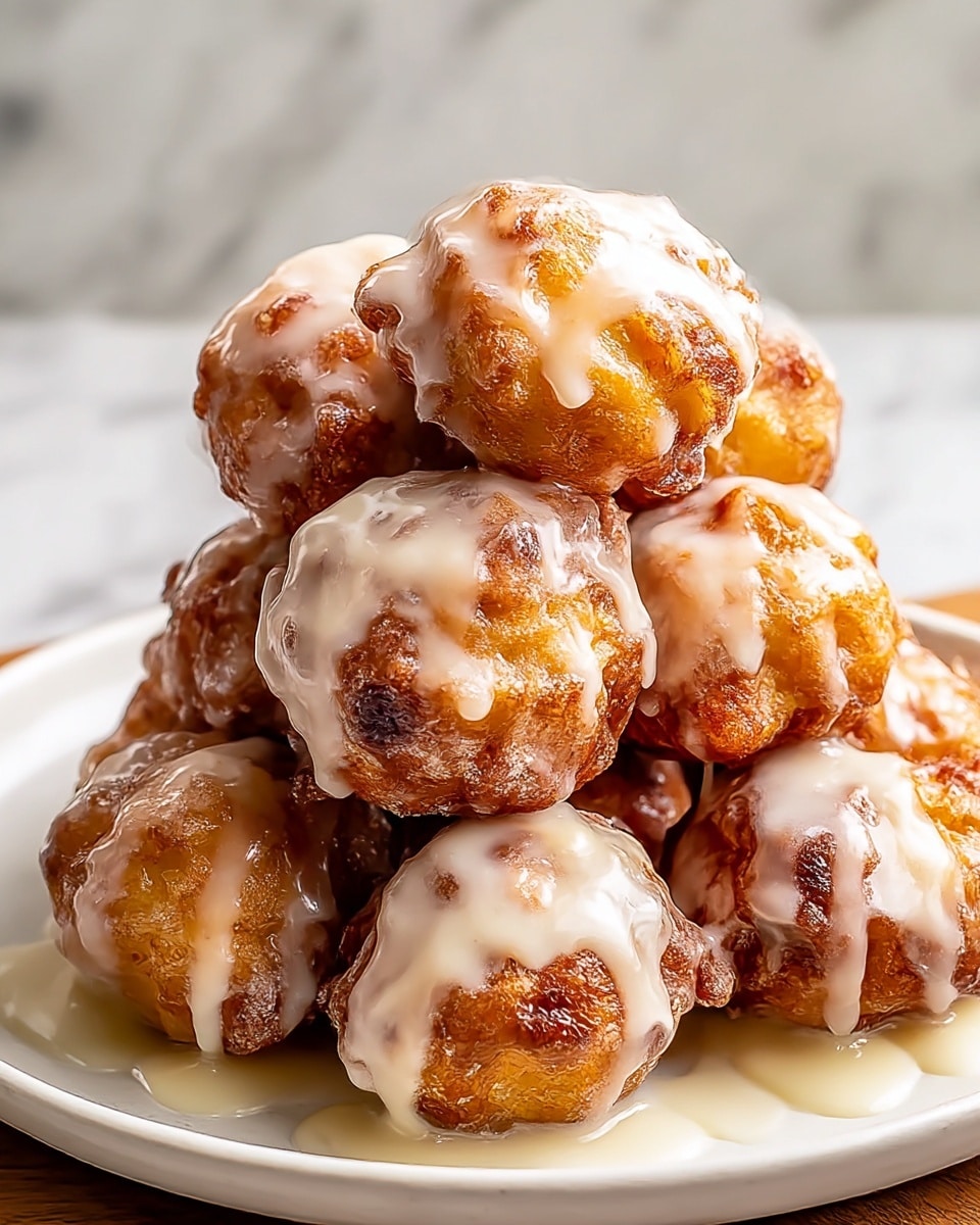 A white plate holds a stack of round, golden-brown fritters that have a crispy, textured surface with some darker brown spots. Each fritter is generously drizzled with a smooth, shiny white glaze that contrasts with the warm tones of the fritters. The glaze drips over the edges, pooling slightly on the plate beneath, giving the whole dish a rich, glossy look. The background shows a white marbled texture softly blurred to keep focus on the pile of fritters. photo taken with an iphone --ar 4:5 --v 7