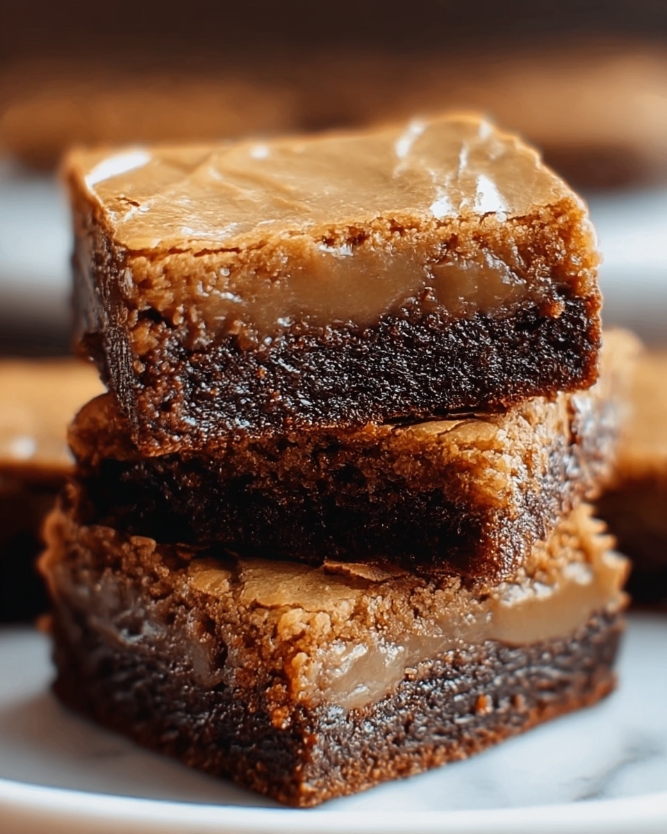 A close-up of three stacked brownies showing three layers: the top layer is a light brown, shiny, crackled surface with a slightly glossy texture; the middle layer is a thick, dense, and fudgy dark brown section with a smooth look; the bottom layer is a slightly crumbly but firm dark brown base. The brownies sit on a white plate placed on a white marbled surface. photo taken with an iphone --ar 4:5 --v 7