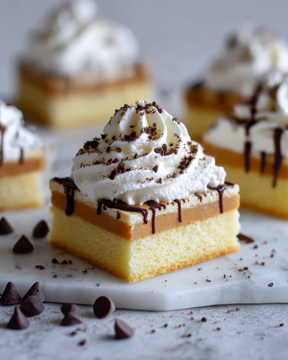 The image shows a square piece of cake with three distinct layers on a white marbled surface. The bottom layer is a soft, light yellow sponge cake. Above it is a smooth, tan layer of caramel or pudding. The top layer is thick white whipped cream with a large swirl on top, sprinkled with small dark brown chocolate chips and fine chocolate crumbs. Dark chocolate drizzle decorates the edges of the whipped cream. In the background, more similar pieces are slightly out of focus with some chocolate chips scattered around. photo taken with an iphone --ar 4:5 --v 7