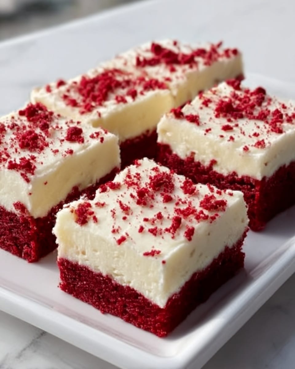 A close-up view of four square pieces of red velvet cake arranged neatly on a white rectangular plate. Each piece has a thick, deep red bottom layer with a soft texture. On top of that is a thick creamy white layer of frosting that looks smooth and rich. The frosting is sprinkled with small red cake crumbs, adding a textured contrast. The surface beneath the plate is a white marbled texture. The lighting highlights the softness and moistness of the cake layers. Photo taken with an iphone --ar 4:5 --v 7