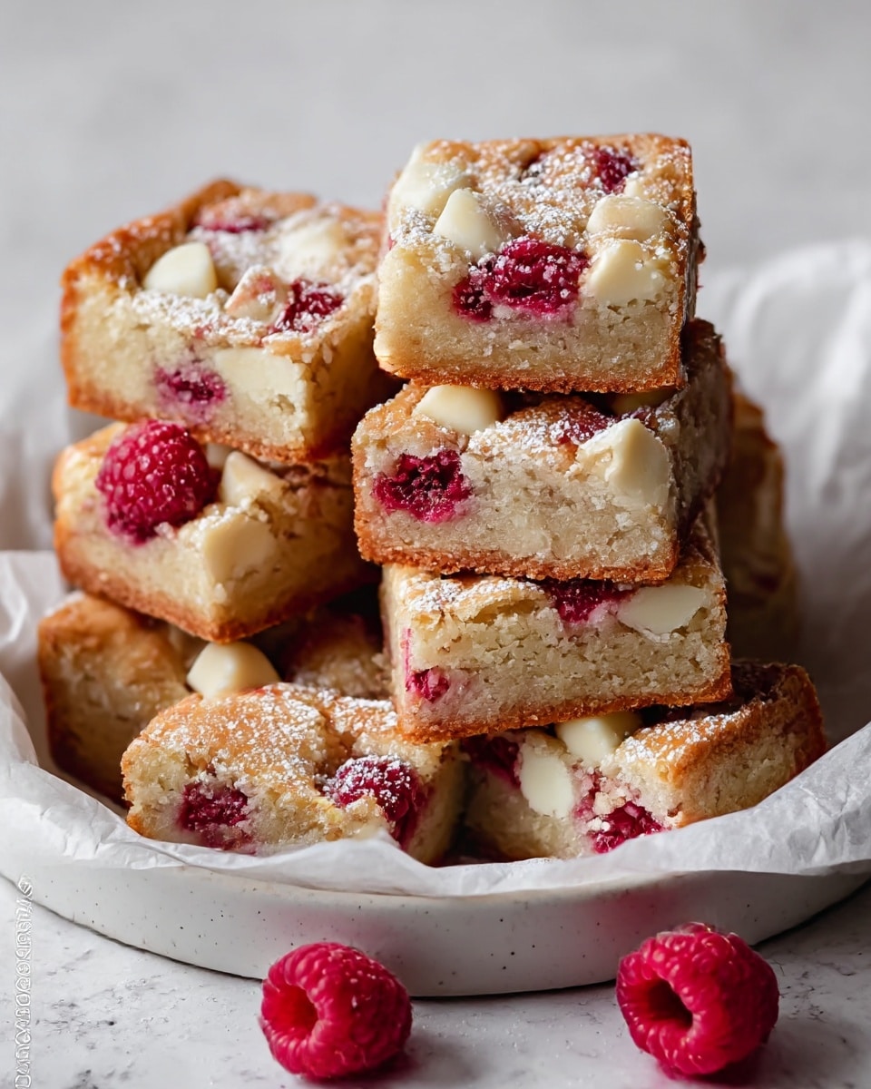 A stack of square blondies with visible layers shows a golden-brown crust on top, mixed with bright red raspberries and white chocolate chips embedded throughout the soft, light beige cake. The raspberries create pops of red inside the blondies, while the white chocolate chips add creamy white spots. The top is dusted with powdered sugar, adding a light white sprinkle over the whole surface. A few fresh raspberries sit beside the blondies on parchment paper inside a white bowl with a crinkled paper lining. The background is a white marbled texture. photo taken with an iphone --ar 4:5 --v 7