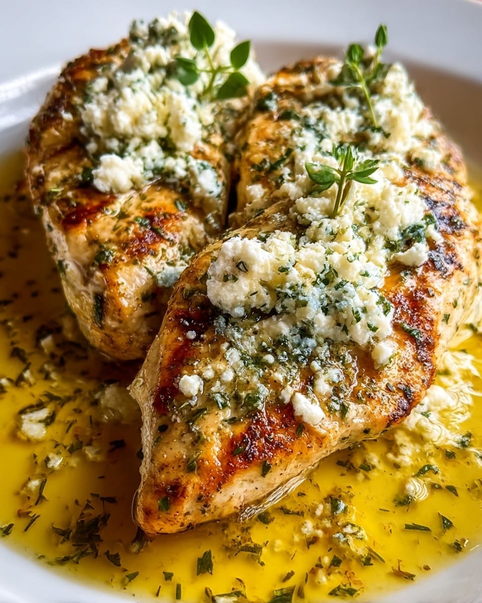 The dish shows three pieces of grilled chicken breast, golden-brown with a slightly crispy texture and visible grill marks, placed side by side on a white plate. Each chicken piece is topped with creamy white crumbled cheese and sprinkled with finely chopped green herbs that add a fresh look. Surrounding the chicken is a pool of golden-yellow sauce with scattered herb bits, giving a glossy shine. Two small green sprigs garnish the top, adding a touch of color contrast. The photo is close-up, highlighting the juicy texture of the chicken and details of the cheese and herbs. photo taken with an iphone --ar 4:5 --v 7